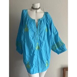 NWT Talbots Women’s 3X Turquoise Blue Cotton Boho Peasant Top Embroidered